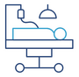 Stilisiertes Symbol eines Krankenhausbetts mit Infusionsständer und Deckenlampe.